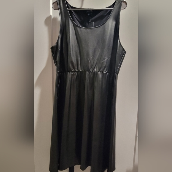 BLACK FAUX LEATHER SKATER DRESS - Picture 2 of 5